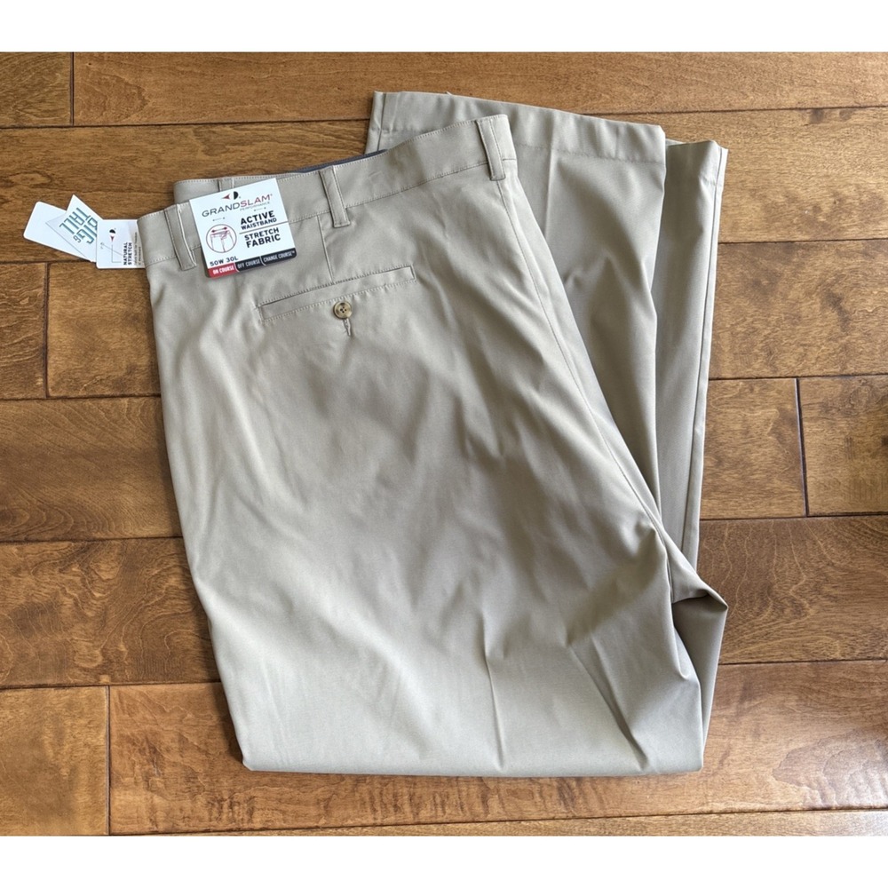 Grand Slam Performance Mens Golf Pants 50W 30L Stretch Beige UPF50 Pockets